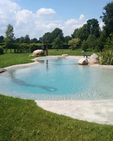 Natural swimming pool with a soft sandy edge in a green garden